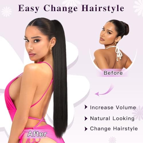 HMD Ponytail Extension, Long Straight Drawstring Pony Tail Hair Pieces Synthetic Ponytails Natural Soft Clip in Hair Extension ponytail for Women view 4