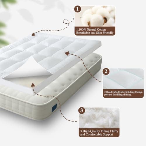 WhatsBedding 3 in Goose Feather Bed Mattress Topper,100% Cotton Fabric | 2000gsm Filled for ultimate softness, Breathable & noiseless, Anti-slip,Handmade Box-stitch, Multiple Application view 3