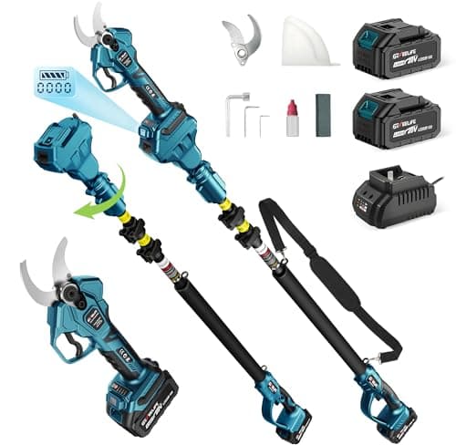 GEVEELIFE 2-in-1 Electric Pruning Shears Cordless, 1.6" Cutting Diameter, Electric Tree Pruner with 12.8Ft Reach Extension Pole, 2×4.0Ah Battery Powered Pole Pruner for Tree Trimming