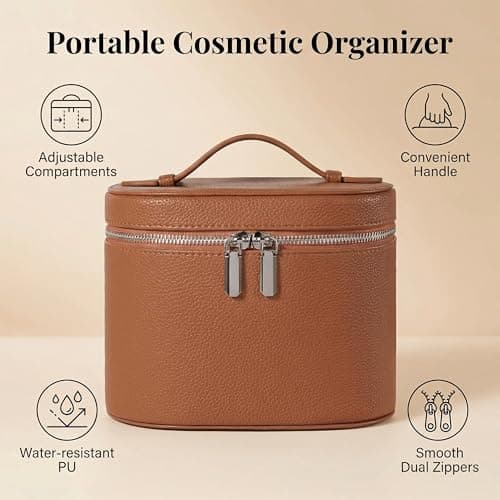 Brown Leather Makeup Bag, Travel Vanity Make up Case with Compartments , Portable Cosmetic Organizer Bags,Toiletry Bag for Women view 3