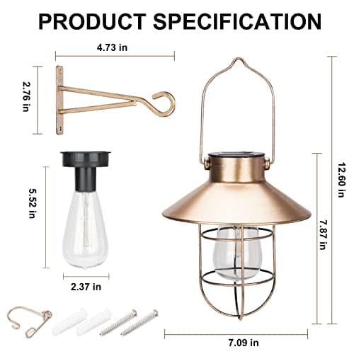 pearlstar Solar Lanterns Outdoor Metal Solar Powered Hanging Lights Waterproof for Barn Wall Yard Garden Patio Garage Balcony Porch Fence Decor, Warm White Edison Bulb (Copper-2pack) view 4