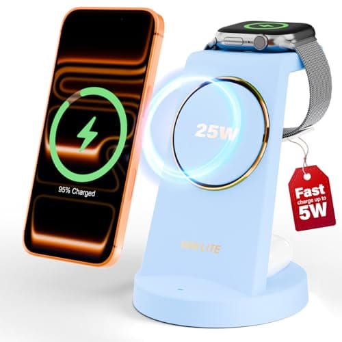 3 in 1 Fast Charging Station for iPhone, 25W Wireless Magnetic Phone Charger for iPhone 17 16e 16 15 14 13 12 Series, Watch Charger Stand, Wireless Charging Station for AirPods 4 3 Pro, Blue — image 1