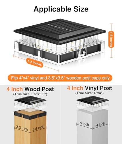 ENSLI 4x4 Solar Post Cap Lights Outdoor, 6 Pack Fence Post Solar Lights with Warm Light Mode, Waterproof Fence Deck Post Lights Solar Powered Fits 4x4 3.5x3.5 Vinyl Wooden Posts for Patio Porch view 2