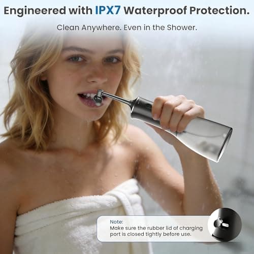Cordless Water Flosser for Teeth: 4 Pressure Settings, 360° Clean with 4 U-Shaped Flossing Heads, IPX7 Waterproof, 30-Day Battery, Rechargeable Flosser for Braces Sensitive Gums (Black & Gray) view 4