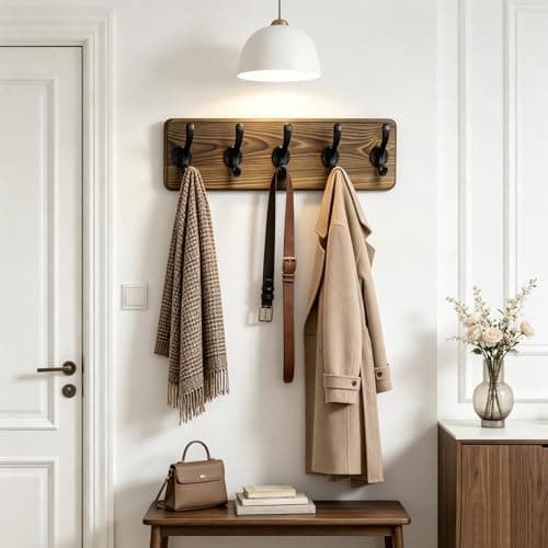 Dellicasi 17" Coat Rack Wall Mount, Rustic Wall Mounted Coat Rack, Pine Solid Wood Coat Hook Hanger with 5 Metal Hooks- Wall Coat for Hanging Clothes Key Robes Towels Coats view 7