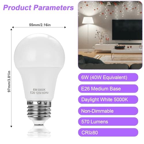 UPWATT E26 LED Light Bulbs, A15 6W (40W Equivalent), Daylight White 5000K, Non-Dimmable Medium Base Bulbs for Home Lighting, 4 Pack view 2