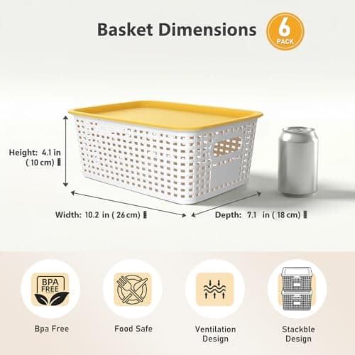 AREYZIN 6 Pack Plastic Storage Bins with Lid,Stackable Storage Bins and Storage Baskets for Shelves,Small Baskets for Organizing, Small Storage Bins,10.2x7.2x4.1 Inch, White view 2