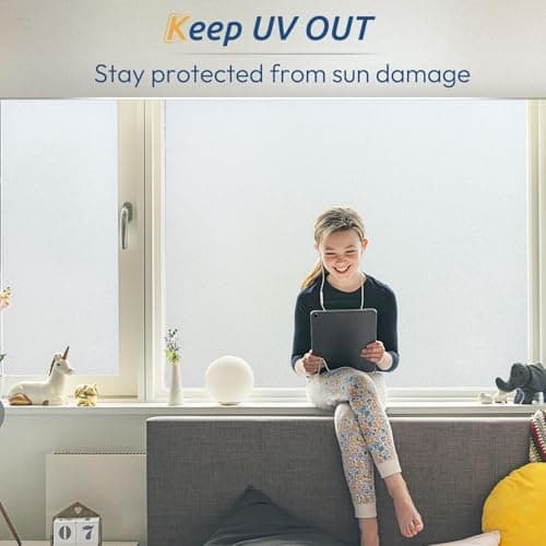 rabbitgoo Window Privacy Film, Frosted Glass Window Clings, Static Cling UV Heat Blocking Door Stickers for Home Bathroom, Removable Indoor Decal Coverings Day and Night, Pure, 17.5 x 78.7 Inches view 3