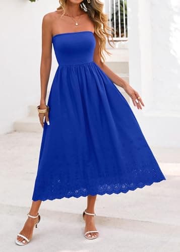 Lazysmile Summer Boho Maxi Dress for Women Strapless Tube Top Lace Trim A Line Beach Casual Long Dress view 4