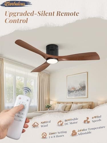 Fanbulous 52" Ceiling Fans with Lights and Remote Control,Modern Flush Mount Ceiling Fan with 3 CCT,Low Profile Ceiling Fans with 6-Speeds Reversible DC Motor for Patio Living Room Bedroom(Walnut) view 2