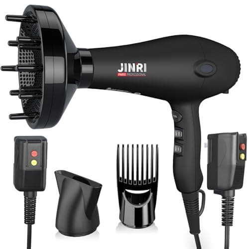 Blow Dryer - JINRI 1875W Diffuser Hair Dryer for Salon & Personal Use – Powerful, Fast Drying with Diffuser, Comb & Nozzle for Women & Men, with ALCI Safety Plug, Black — image 1