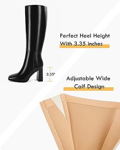 Coutgo Womens Wide Calf Knee High Boots Chunky High Heel Square Toe Fashion Leather Shoes with Side Zipper view 2