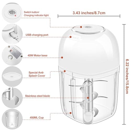 Electric Garlic Chopper, 1.8 Cup Mini Garlic Mincer Food Chopper Portable, Small Food Processor with USB Charging for Onion, Chili, Ginger, Veggie, Meat (450ML) view 3