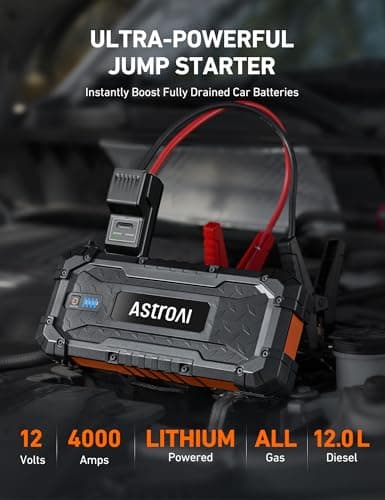 AstroAI S8 Ultra 4000A Car Jump Starter, Jump Box up to All Gas Engines & 12L Diesel, 12V Portable Power Bank with USB/Type-C Ports, 3 Modes LED Flashlight, Auto Battery Booster with Jumper Cable view 2