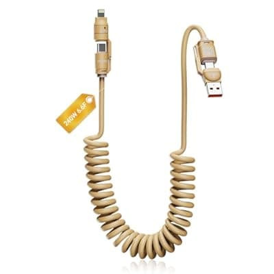 KEDESO 240W PD Fast Charging Car Cable, Retractable 4-in-1 Coiled Charger Cord for iPhone 16 15 14 13 Pro Max, Samsung S24 Ultra, iPad, Tablet, Kindle - Road Trip Essentials for Family & Rideshare