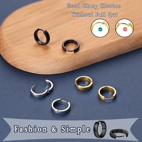 DHZJTSL 3 Pairs Hypoallergenic Small Hoop Earrings for Men, 316L Surgical Stainless Steel Black/Gold/Silver Earrings Huggie Jewelry Set for Mens Women 12/14/16mm view 5