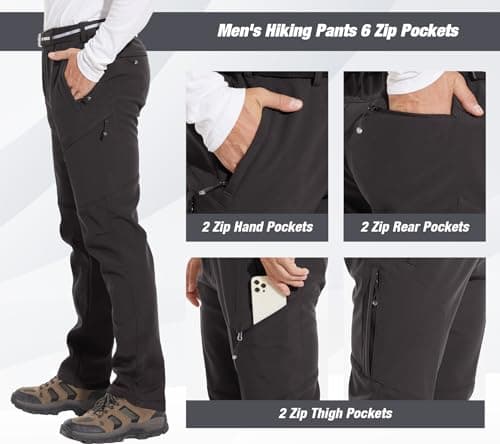 MOURCE Men's Fleece Lined Snow Hiking Pants Water Resistant，Insulated Winter Ski Pants 6 Zip Pockets and Belt view 2