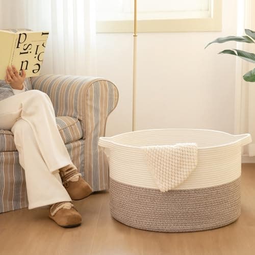 OIAHOMY 90L XXXLarge Blanket Basket for Living Room, 21.7" x 13.8" Woven Cotton Rope Laundry Basket for Organizing Pillows, Decorative Stuffed Animal Toy Storage Bin for Nursery, Black and Grey view 2