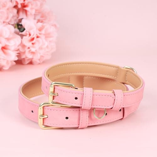 Jumpress Leather Dog Collar for Small Medium Large Dogs, Soft Padded Dog Leather Collar with Heavy Duty Gold Buckle, Durable & Comfortable for Puppy Dogs Daily Walking (Pink, XS) view 4