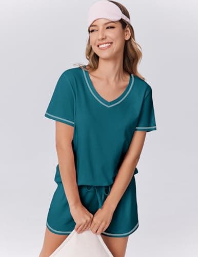 Ekouaer Womens Pajamas Sets Soft 100% Cotton Pjs Short Sleeve Lounge Sets Casual Two Piece Pjs With Pockets view 4