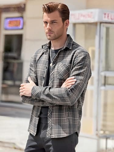 BAYAMO Men's Flannel Button Down Shirt Casual Plaid Long Sleeve Fall Jacket Lightweight Soft Tops with Pockets Grey XL view 4