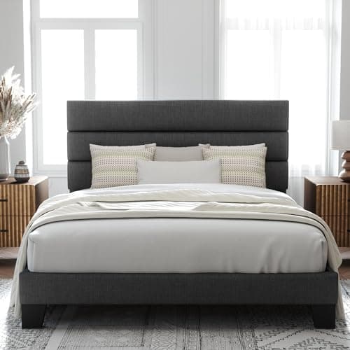 Allewie Queen Size Platform Bed Frame with Fabric Upholstered Headboard and Wooden Slats Support, Fully Upholstered Mattress Foundation/No Box Spring Needed/Easy Assembly, Dark Grey view 1