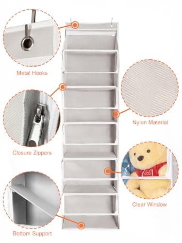 Over Door Stuffed Animal Storage, Zipper Closure Hanging Toy Organizer, Nylon Behind Door Organization, Clear Window Bathroom/Bedroom/Closet Holder Bag for Nursery Dorm Room Plush, 1Pack, 5 Tier，Beige view 6