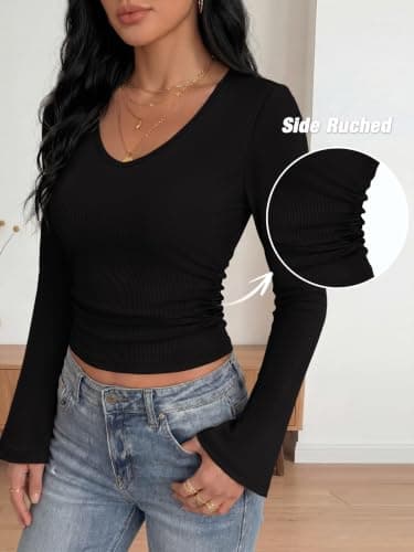 ANRABESS Bell Long Sleeve Shirts for Women Crop Fall Tops view 4