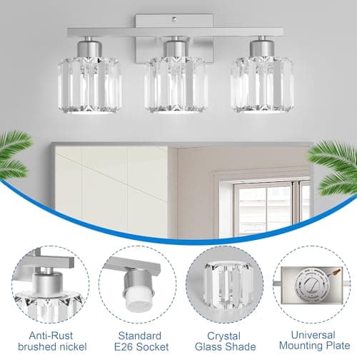 3-Light Bathroom Light Fixtures Over Mirror, Brushed Nickel Crystal Wall Sconce with E26 Base for Mirror Kitchen Living Room Bathroom, Round Crystal Shades (Bulbs Excluded) view 6