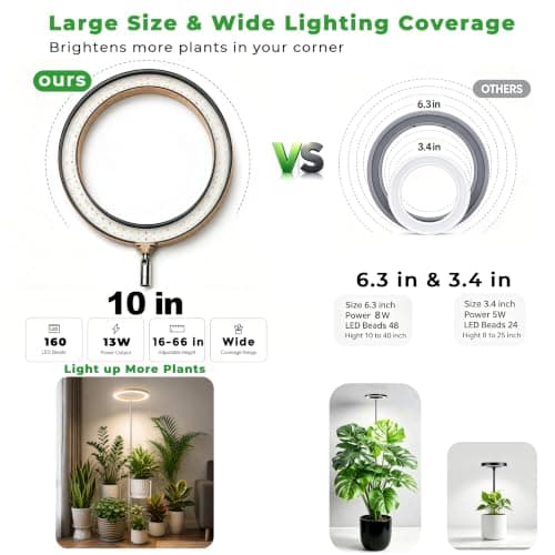 10in Indoor Plant Grow Light, Full Spectrum Grow Lights for Indoor Plants | Wood Grain Large Plant lights, Timer 4/8/12/18H & Dimmable, 16"-66" Height Adjustable, 160 LEDs, House Decor Halo Grow Lamp view 3