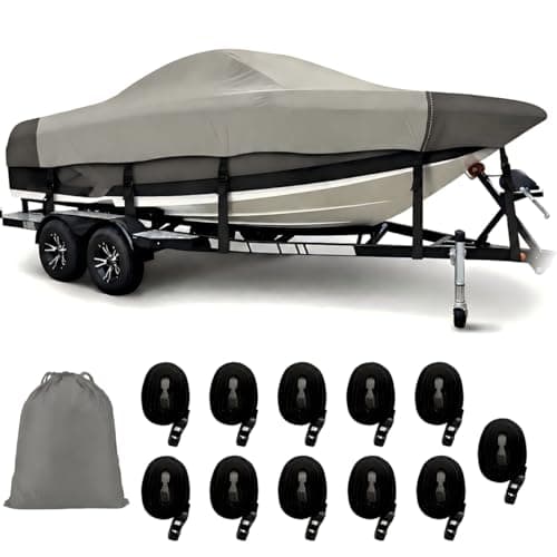 Boat Cover 20-22 ft with Reinforced Nose Cone, 1300D Heavy Duty Waterproof Boat Cover for V-Hull Bass/Jon/Join/Ski/Wakeboard & Runabout Boats, Trailerable Boat Cover with Straps & Storage Bag, Grey — image 1