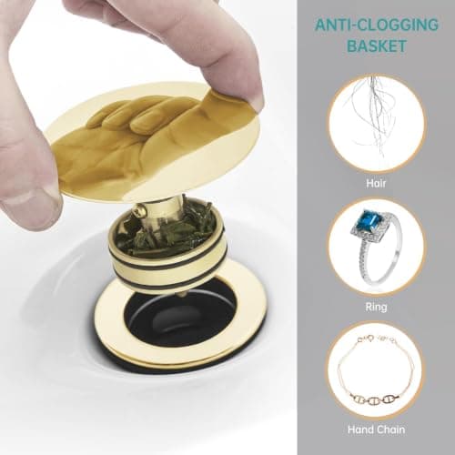 KUZOR Brushed Gold Pop Up Bathroom Sink Drain with Overflow, 1 Pack | Bathroom sink stopper fits 1-5/8 to 2 in drain holes; 304 stainless steel for vanity and vessel sink drain view 6