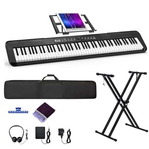 88 Key Digital Piano, Semi Weighted Electronic Keyboard Piano with Music Stand, Power Supply, Sustain Pedal, Stand, Bluetooth, Carrying Case, Headphones, USB-MIDI, Piano Lessons for Beginners