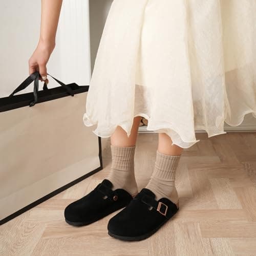 Dumalum Suede Clogs for Women and Men - Adjustable Buckle Slip-on Cork Footbed Mules with Antislip Sole - Unisex Slippers view 2