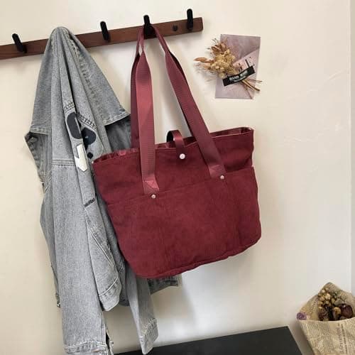 mcuvaec Corduroy Tote Bag for Women, Foldable Tote Bag With Zipper, Large Shoulder Bag, Purses and Handbags for Work Travel view 2