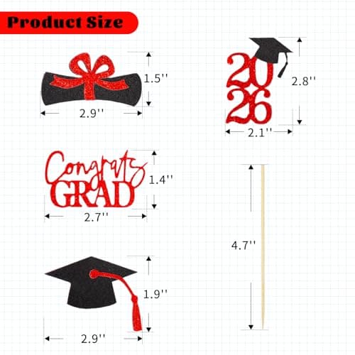 Oeyliz Graduation Cupcake Toppers 2026 Graduation Theme Cupcake Toppers Glitter 2026 Grad Cap Congrats Grad Diploma Cupcakes Toppers 24 PCS For 2026 Graduation Cake Decorations Supplies Red view 2