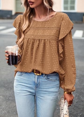 PRETTYGARDEN Women's Long Sleeve Shirts Ruffle Swiss Dot Crochet Loose Fit Tunic Dressy Casual Tops Blouses Spring Fashion view 5