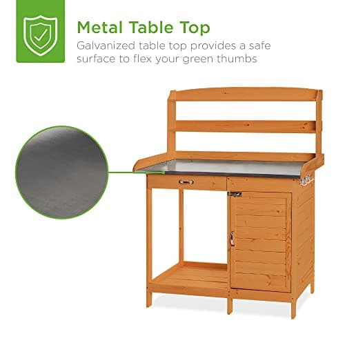 Best Choice Products Outdoor Garden Wooden Potting Bench Work Station w/Metal Table Top, Pre-Stained Finish, Cabinet, Sliding Drawer, Large Bottom Shelf - Brown view 5