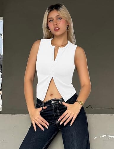 Relety Womens Crop Tank Tops Going Out Button Down Vest Seamless Ribbed Trendy Shirts Cute Sleeveless Summer Spring Y2K Cami view 3
