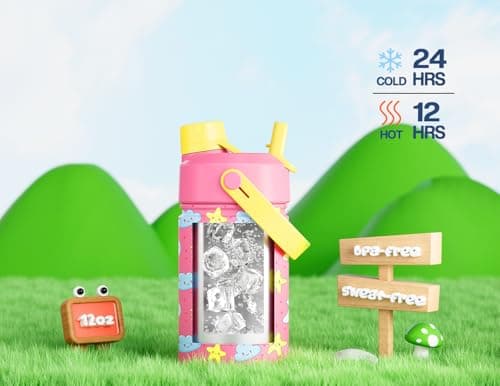 12 oz Kids Water Bottle for Girls: Leakproof, BPA-Free, Durable Straw Spout Lid, 24H Cold, Cute Patterns, Insulated Stainless Steel Cup with Carrier Bag for School, Trip, Camping, Daily (Sunny Dreams) view 4