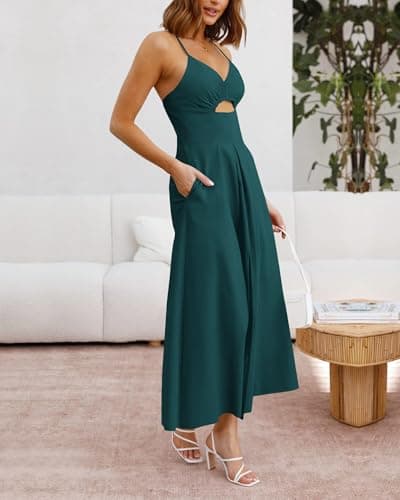 BTFBM Women 2026 Spaghetti Strap Midi Summer Dresses Sleeveless V Neck Cutout Slit Casual Beach Party Maxi Dress Pockets view 3