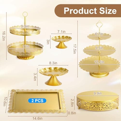 OdoVow 7 Pcs Cake Stand Gold Metal Dessert Table Display Set, 3-Tier Cupcake Stand, Cake Display Tower and Cookie Tray Rack Serving Tray for Birthday Party, Weddings, Baby Shower (Gold) view 3