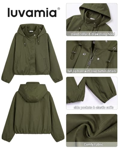 luvamia Women's Funnel Neck Jacket Casual Crop Zip Up Hooded Bomber Jackets | Trendy, Oversized, Long Sleeve, Stand Collar, Elastic Cuff and Hem, Cropped, Funnel Neck Jacket Coats for Women, Fall Outfits view 2