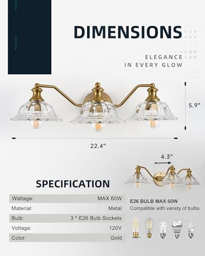 puncoll Vintage Bathroom Vanity Light Fixture - 3-Lights Bathroom Lighting Gold Finish with Flower Glass Shade - Vanity Lights Over Mirror, W2505-3-BG view 6