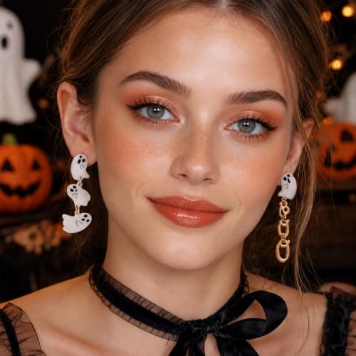 Halloween Earrings Acrylic Spooky Ghost Dangle Earrings BOO Earrings Pupkin Party Costume Jewelry for Women view 2