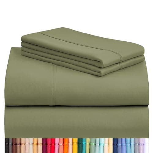 LuxClub 4 PC Queen Sheet Set, Deep Pockets Wrinkle Free Cooling Bed Sheets Hotel Bedding for Women, Men, Includes 1 Fitted Sheet, 1 Flat Sheet and 2 Pillowcases-Soft Olive view 1