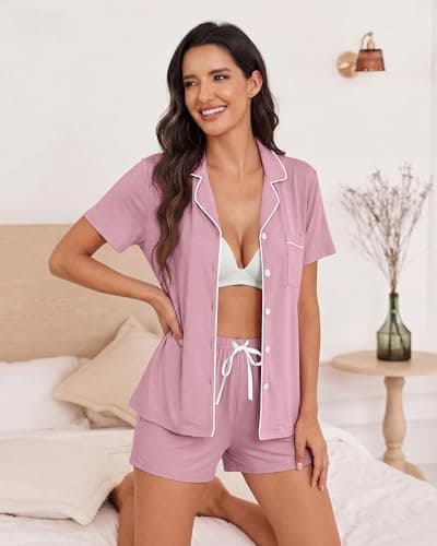 VRVOICE Womens Button Down Pajamas Set Short Sleeve Sleepwear Bride Pjs Soft 2 Piece Lounge Shorts Set XS-XXL view 3