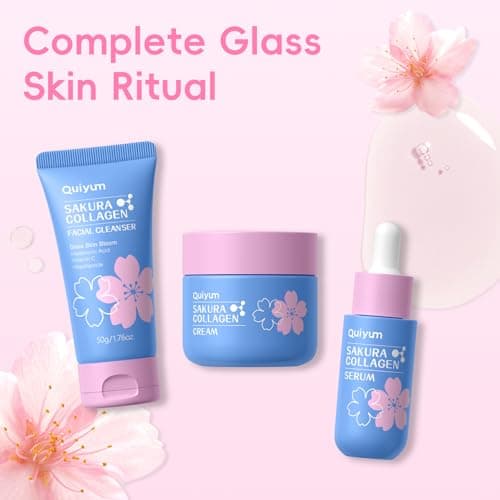 QUIYUM Sakura Collagen Skin Care Set - 5pcs Skincare with Facial Cleanser, Serum, Cream, Pink Facial Brush, Bunny Hair Band & Makeup Bag, Deep Cleansing, Hydrating, Firming, Even Tone, Radiance view 5