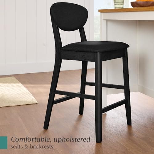 Best Choice Products Set of 2 Counter-Height Bar Stools, Mid-Century Modern, Armless Wood Stools W/Upholstered Seat Cushion & Backrest for Kitchen Island or Dining Room Bar - Black/Black view 6