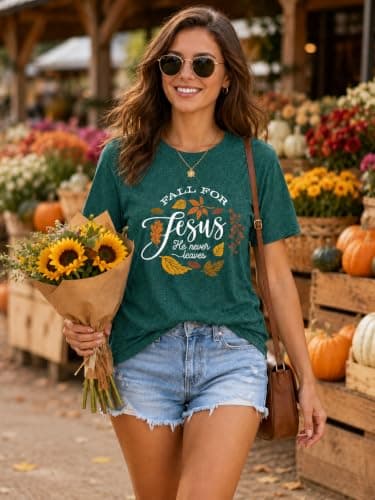 Fall Graphic Shirts for Women Faith Christian T-Shirt Vintage Autumn Thanksgiving Tops Retro Crew Neck Casual Tee view 3
